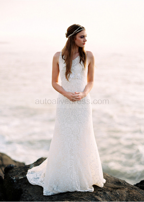 V Neck Ivory Lace Deep V Back Wedding Dress